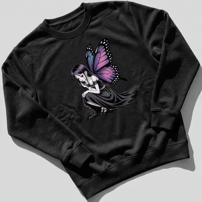 Gothic anime butterfly girl graphic t-shirt in black, purple, blue, and pink — printed on a unisex sweatshirt