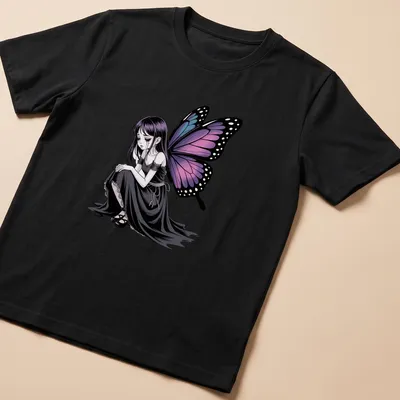 Gothic anime butterfly girl graphic t-shirt in black, purple, blue, and pink