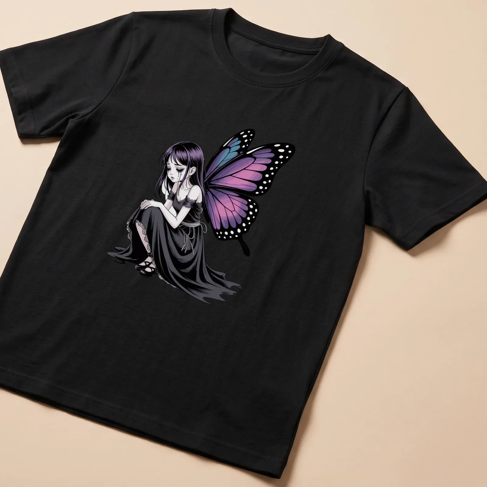 Gothic anime butterfly girl graphic t-shirt in black, purple, blue, and pink — printed on a unisex t-shirt