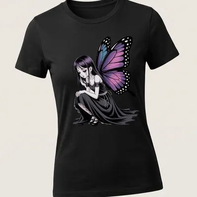 Gothic anime butterfly girl graphic t-shirt in black, purple, blue, and pink — printed on a women's shirt