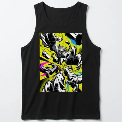 Vibrant graffiti illustration of jumping cats in neon colors — printed on a tank top