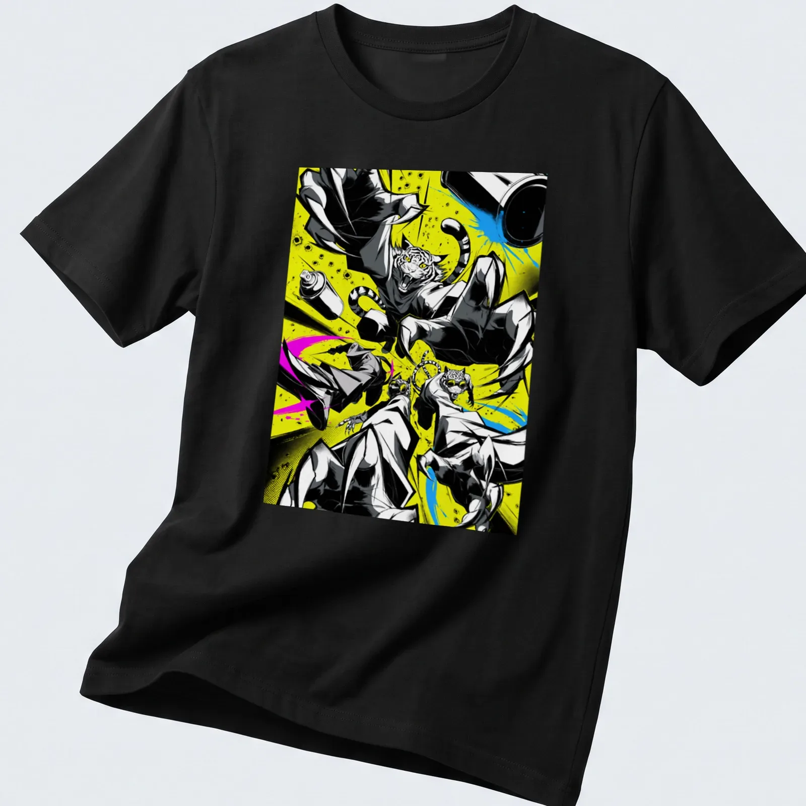 Vibrant graffiti illustration of jumping cats in neon colors — printed on a unisex t-shirt
