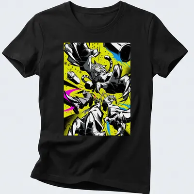 Vibrant graffiti illustration of jumping cats in neon colors — printed on a women's shirt