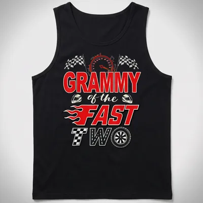 Bold graphic t-shirt with text 'GRAMMY of the FAST TWO' and a racing car illustration in red, black, white, and yellow — printed on a tank top