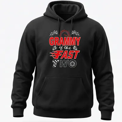 Bold graphic t-shirt with text 'GRAMMY of the FAST TWO' and a racing car illustration in red, black, white, and yellow — printed on a unisex hoodie