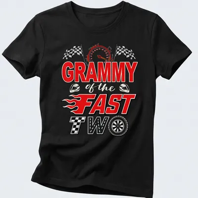 Bold graphic t-shirt with text 'GRAMMY of the FAST TWO' and a racing car illustration in red, black, white, and yellow — printed on a women's shirt