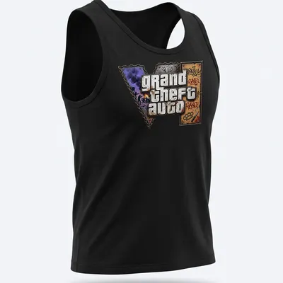 Graffiti-style Grand Theft Auto logo t-shirt in black, purple, brown, white, and grey — printed on a tank top
