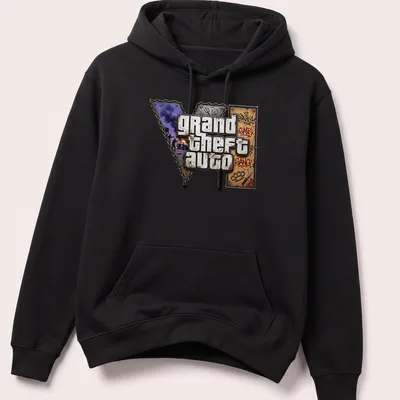 Graffiti-style Grand Theft Auto logo t-shirt in black, purple, brown, white, and grey — printed on a unisex hoodie