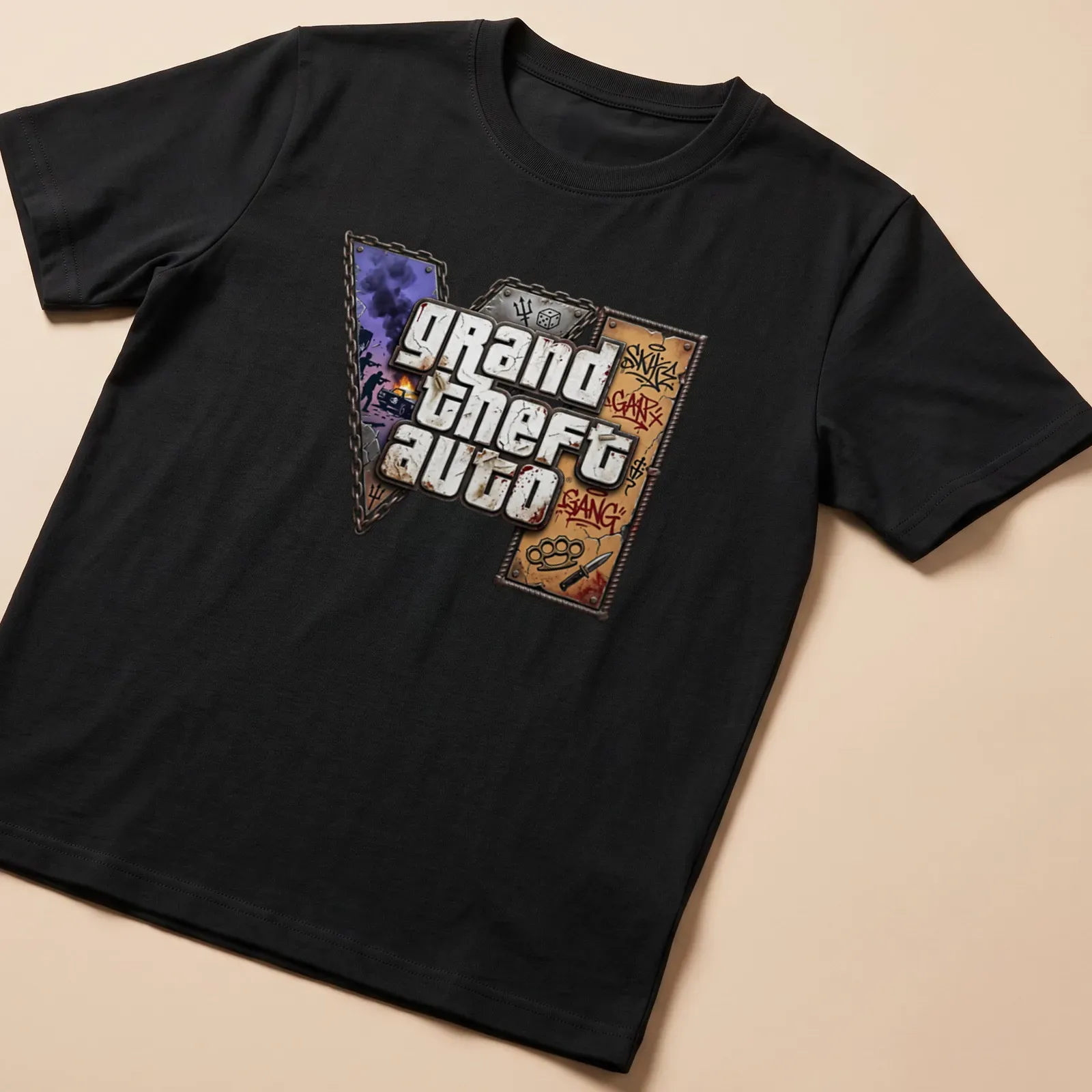 Graffiti-style Grand Theft Auto logo t-shirt in black, purple, brown, white, and grey — printed on a unisex t-shirt