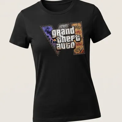 Graffiti-style Grand Theft Auto logo t-shirt in black, purple, brown, white, and grey — printed on a women's shirt