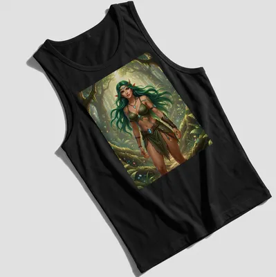 Elf druid woman with green hair in a vibrant forest scene. — printed on a tank top