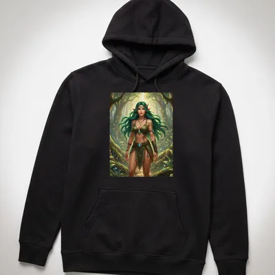 Elf druid woman with green hair in a vibrant forest scene. — printed on a unisex hoodie