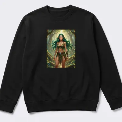 Elf druid woman with green hair in a vibrant forest scene. — printed on a unisex sweatshirt