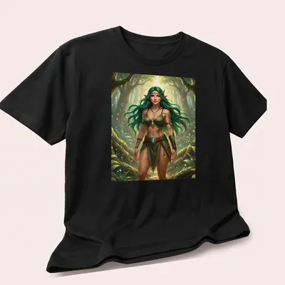 Elf druid woman with green hair in a vibrant forest scene. — printed on a unisex t-shirt (angled view)