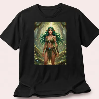 Elf druid woman with green hair in a vibrant forest scene.