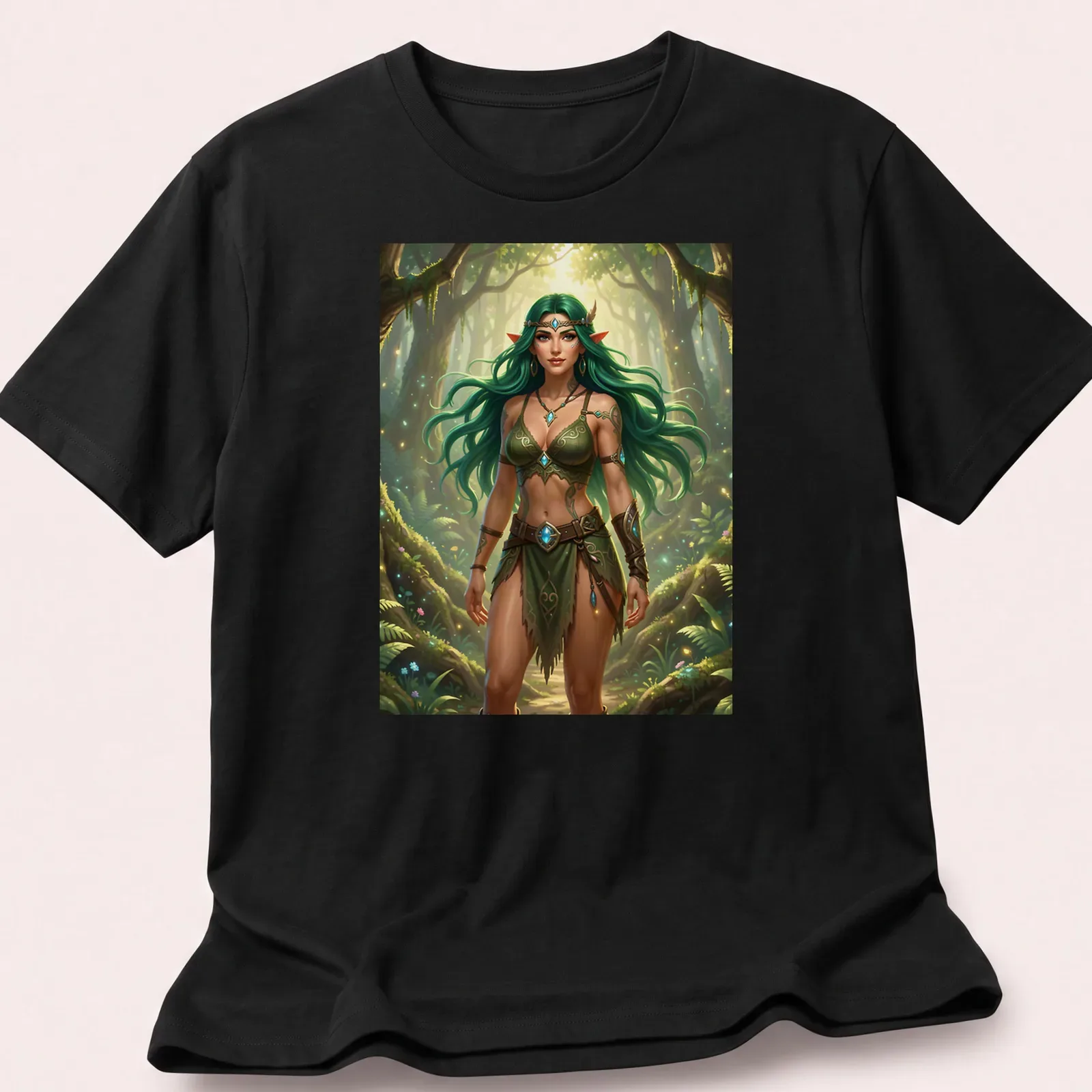 Elf druid woman with green hair in a vibrant forest scene. — printed on a unisex t-shirt