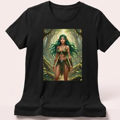 Elf druid woman with green hair in a vibrant forest scene. — printed on a women's shirt