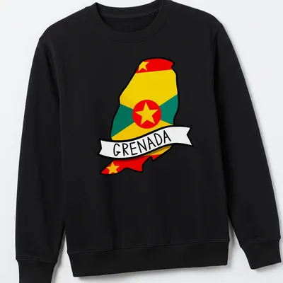 Colorful illustration of Grenada map with the text 'GRENADA' in bold letters. — printed on a unisex sweatshirt