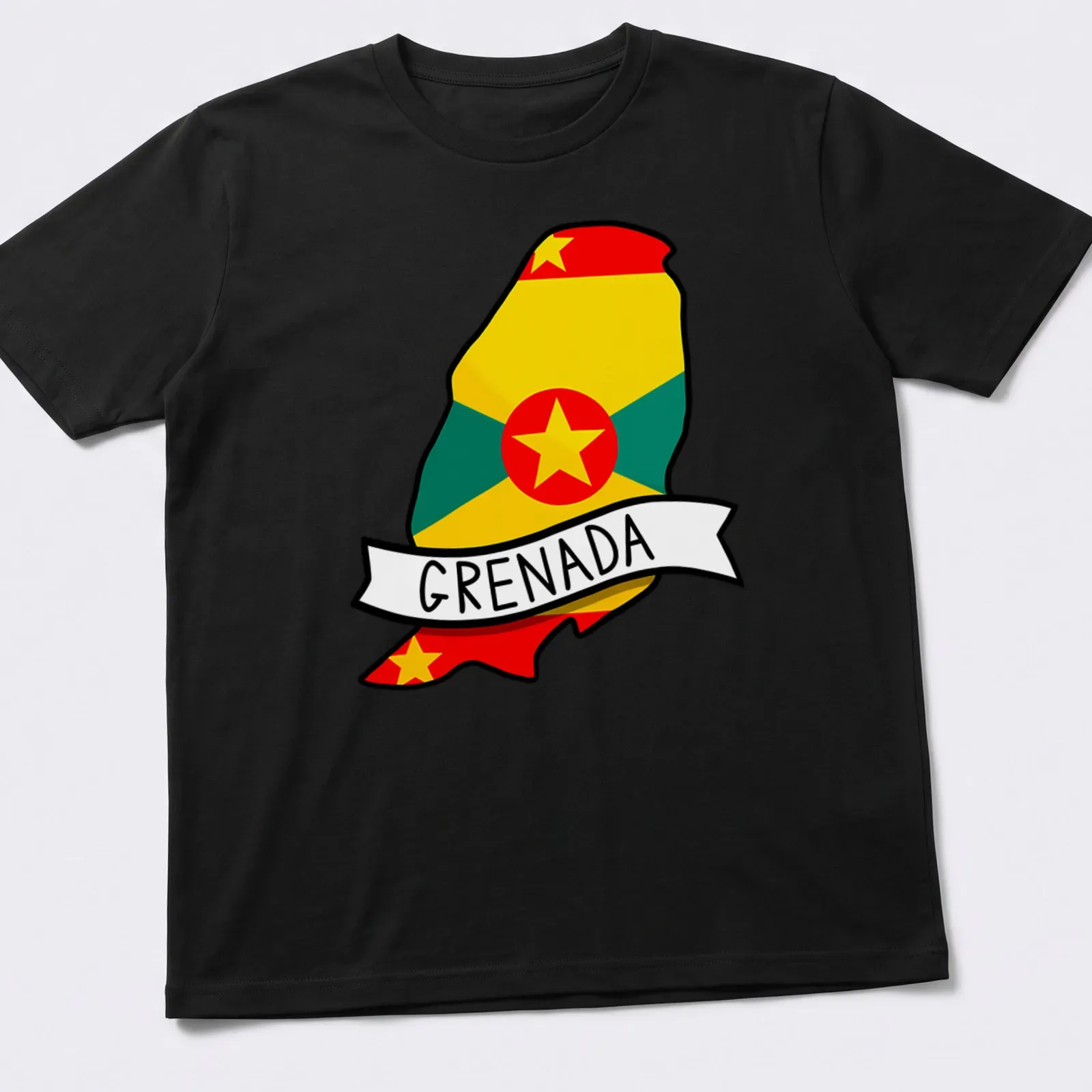 Colorful illustration of Grenada map with the text 'GRENADA' in bold letters. — printed on a unisex t-shirt