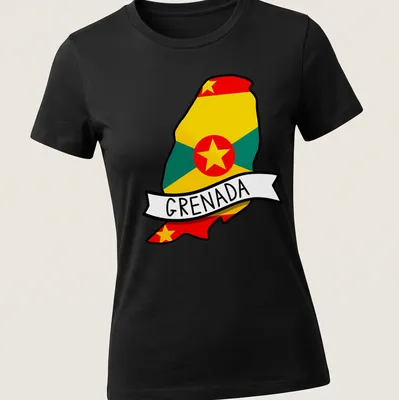 Colorful illustration of Grenada map with the text 'GRENADA' in bold letters. — printed on a women's shirt
