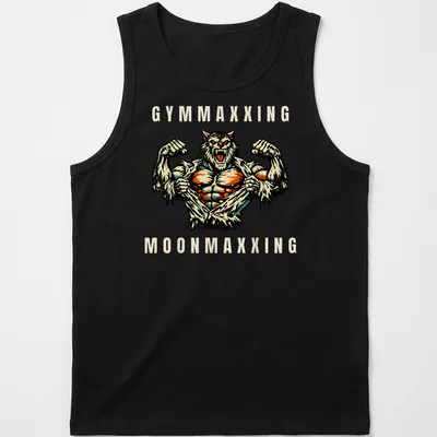Vintage comic style werewolf flexing with Gymmaxxing Moonmaxxing text — printed on a tank top