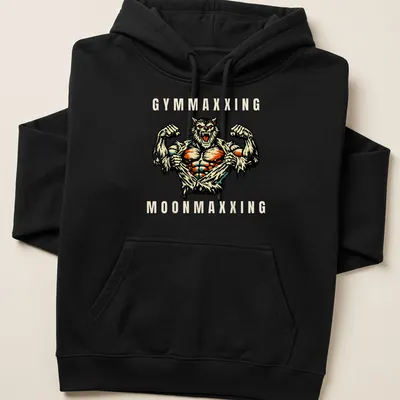 Vintage comic style werewolf flexing with Gymmaxxing Moonmaxxing text — printed on a unisex hoodie