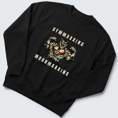 Vintage comic style werewolf flexing with Gymmaxxing Moonmaxxing text — printed on a unisex sweatshirt