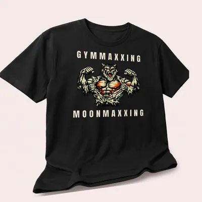 Vintage comic style werewolf flexing with Gymmaxxing Moonmaxxing text — printed on a unisex t-shirt (angled view)