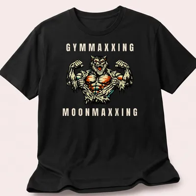 Vintage comic style werewolf flexing with Gymmaxxing Moonmaxxing text