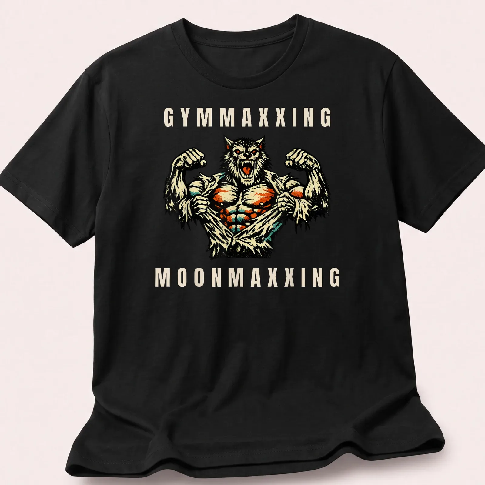 Vintage comic style werewolf flexing with Gymmaxxing Moonmaxxing text — printed on a unisex t-shirt