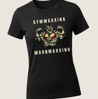 Vintage comic style werewolf flexing with Gymmaxxing Moonmaxxing text — printed on a women's shirt