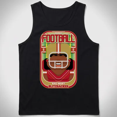 Retro cartoon football player graphic with bold text in red and gold — printed on a tank top