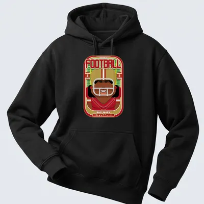 Retro cartoon football player graphic with bold text in red and gold — printed on a unisex hoodie