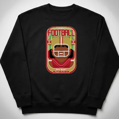 Retro cartoon football player graphic with bold text in red and gold — printed on a unisex sweatshirt