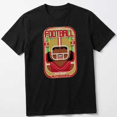 Retro cartoon football player graphic with bold text in red and gold