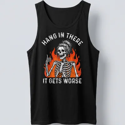 Vintage distressed shirt featuring a skeleton in flames with humorous text. — printed on a tank top