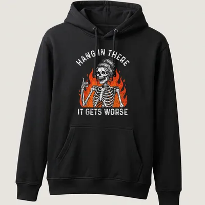 Vintage distressed shirt featuring a skeleton in flames with humorous text. — printed on a unisex hoodie