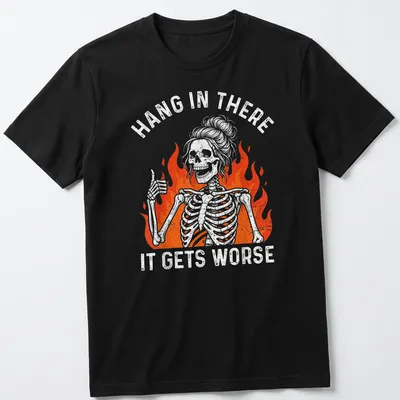 Vintage distressed shirt featuring a skeleton in flames with humorous text.