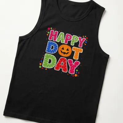 Colorful pumpkin design with Happy Dot Day text in retro polka dot style — printed on a tank top