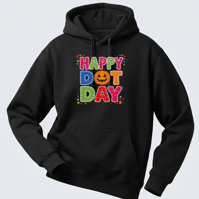 Colorful pumpkin design with Happy Dot Day text in retro polka dot style — printed on a unisex hoodie
