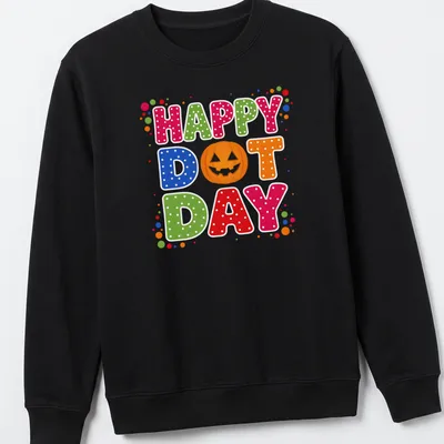 Colorful pumpkin design with Happy Dot Day text in retro polka dot style — printed on a unisex sweatshirt