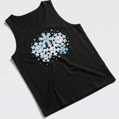 Kawaii design featuring smiling snowflakes in light blue, white, and pink. — printed on a tank top
