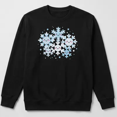Kawaii design featuring smiling snowflakes in light blue, white, and pink. — printed on a unisex sweatshirt