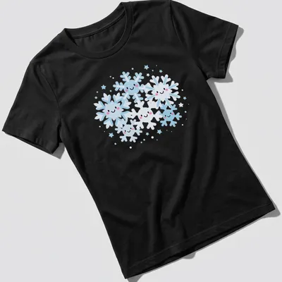 Kawaii design featuring smiling snowflakes in light blue, white, and pink. — printed on a women's shirt