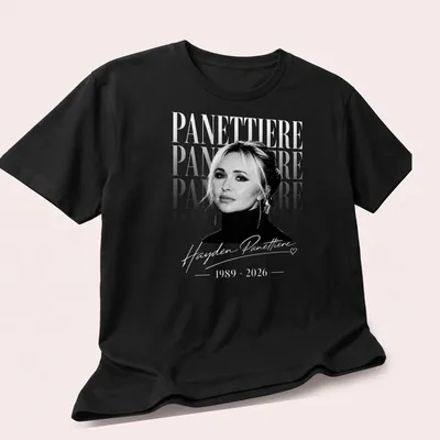 Vintage tribute t-shirt featuring Hayden Panettiere's signature in white on black. — printed on a unisex t-shirt (angled view)