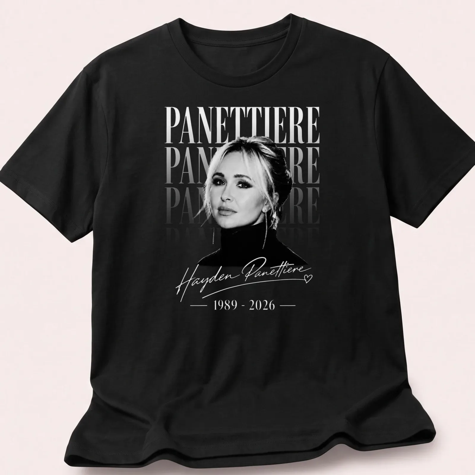 Vintage tribute t-shirt featuring Hayden Panettiere's signature in white on black. — printed on a unisex t-shirt