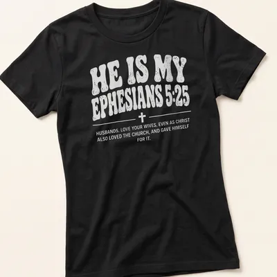 Bold typography Christian couple shirt with Ephesians 5:25 text — printed on a women's shirt