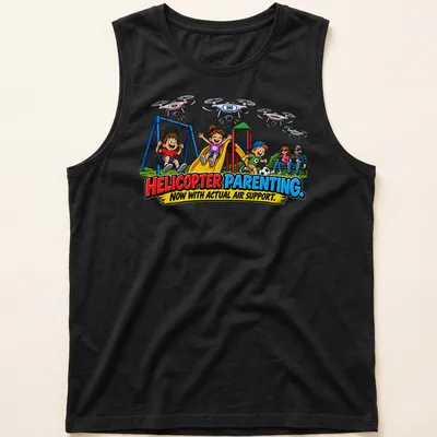 Colorful cartoon print showing children playing with drones and the phrase on top. — printed on a tank top