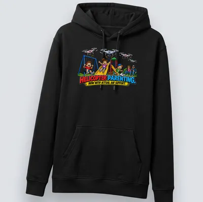 Colorful cartoon print showing children playing with drones and the phrase on top. — printed on a unisex hoodie