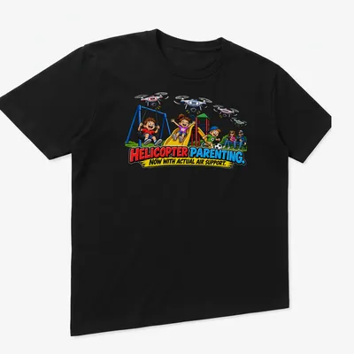 Colorful cartoon print showing children playing with drones and the phrase on top. — printed on a unisex t-shirt (angled view)